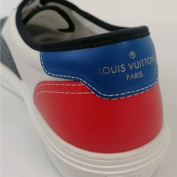 Louis Vuitton leather sneakers with red, blue, and white pattern. - Picture 4 of 14
